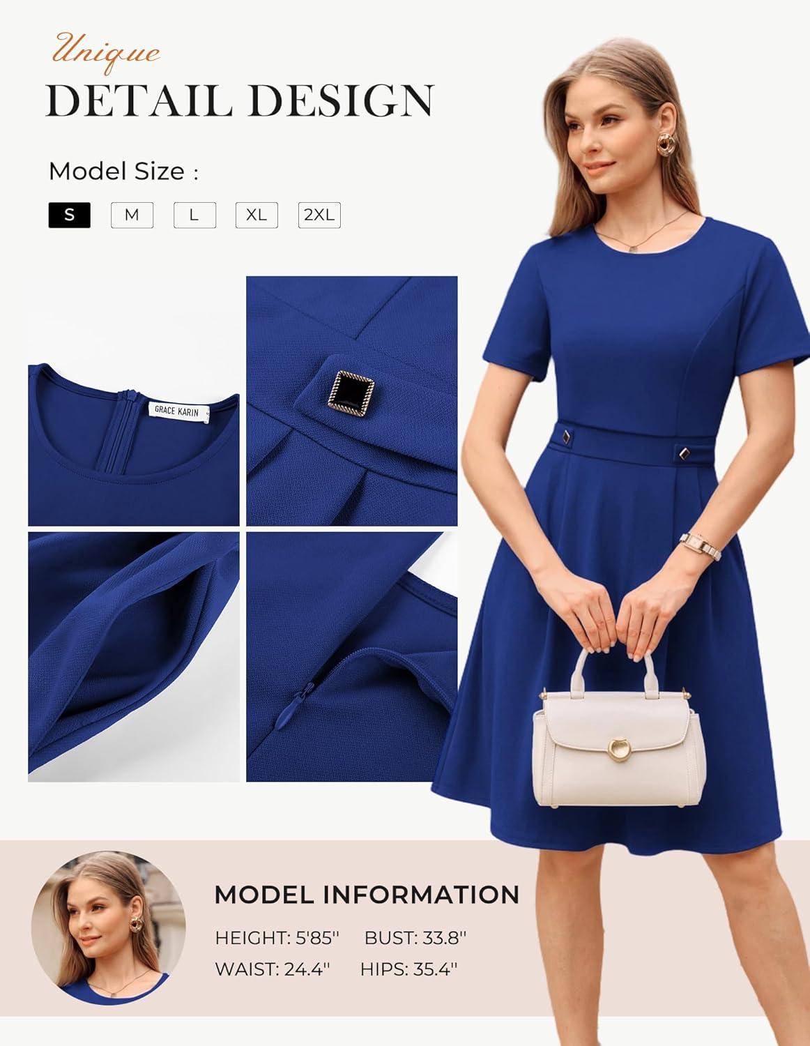 imageGRACE KARIN Church Dresses for Women 2026 Short Sleeve A Line Work Dresses Fit and Flare Dress with PocketsRoyal Blue