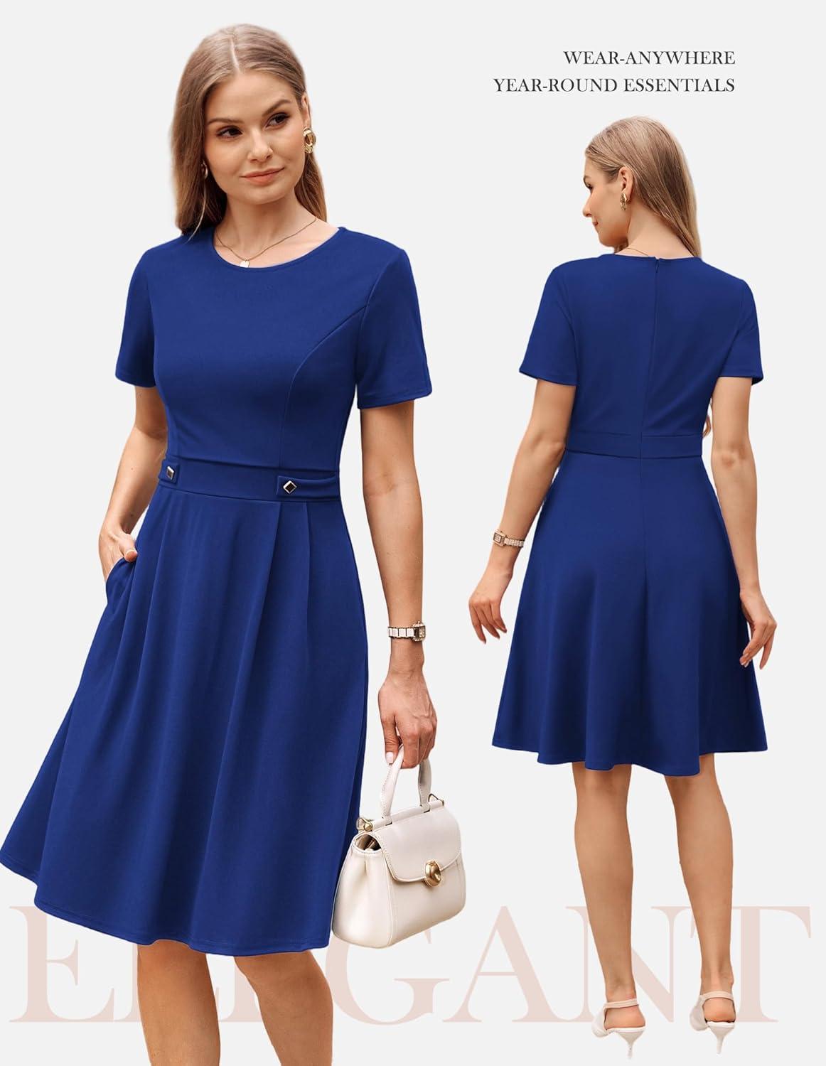 imageGRACE KARIN Church Dresses for Women 2026 Short Sleeve A Line Work Dresses Fit and Flare Dress with PocketsRoyal Blue