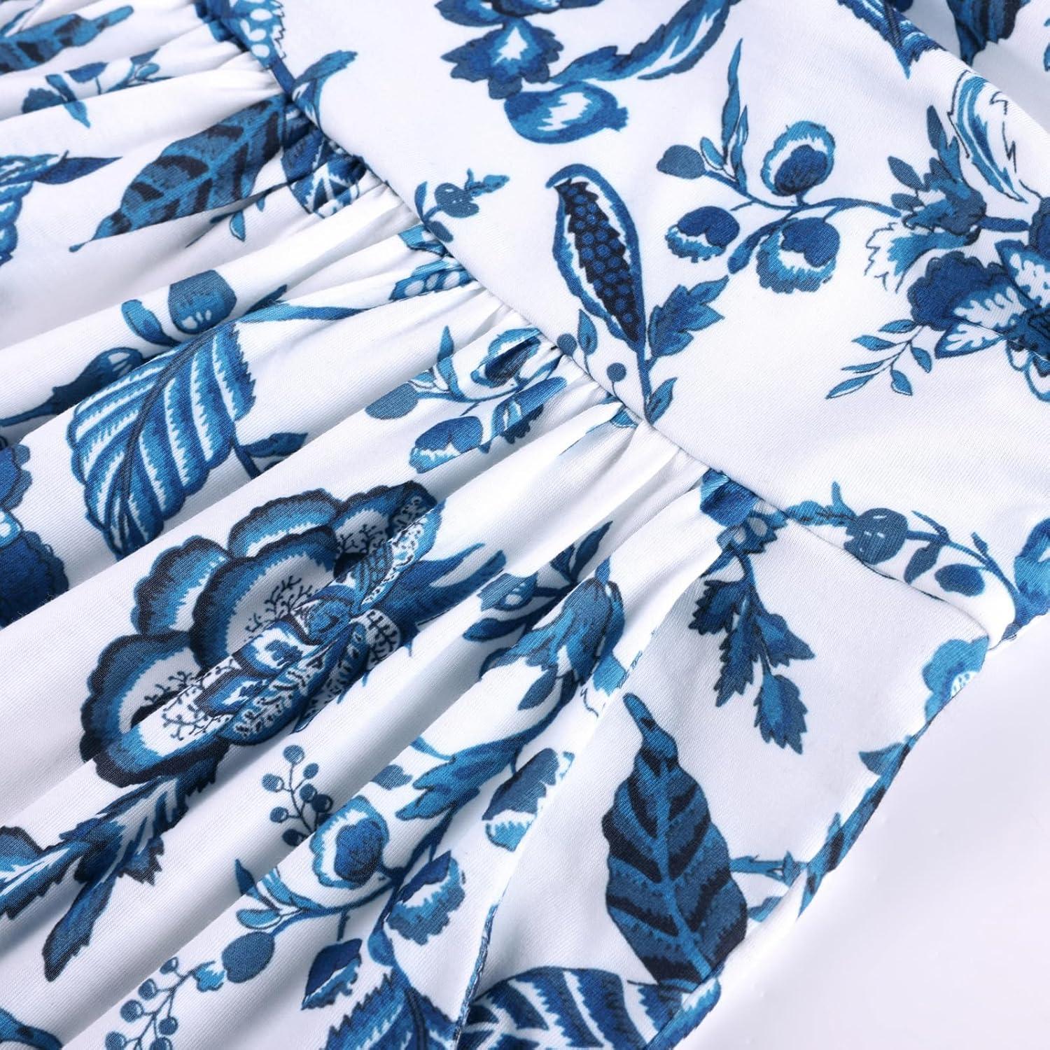 imageGRACE KARIN Women Strapless Dress Casual Loose Ruched Long Maxi Dress with PocketsBlue Flower