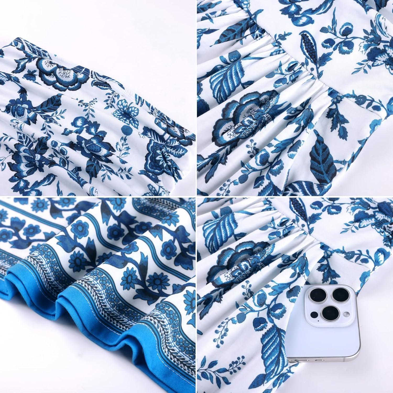 imageGRACE KARIN Women Strapless Dress Casual Loose Ruched Long Maxi Dress with PocketsBlue Flower