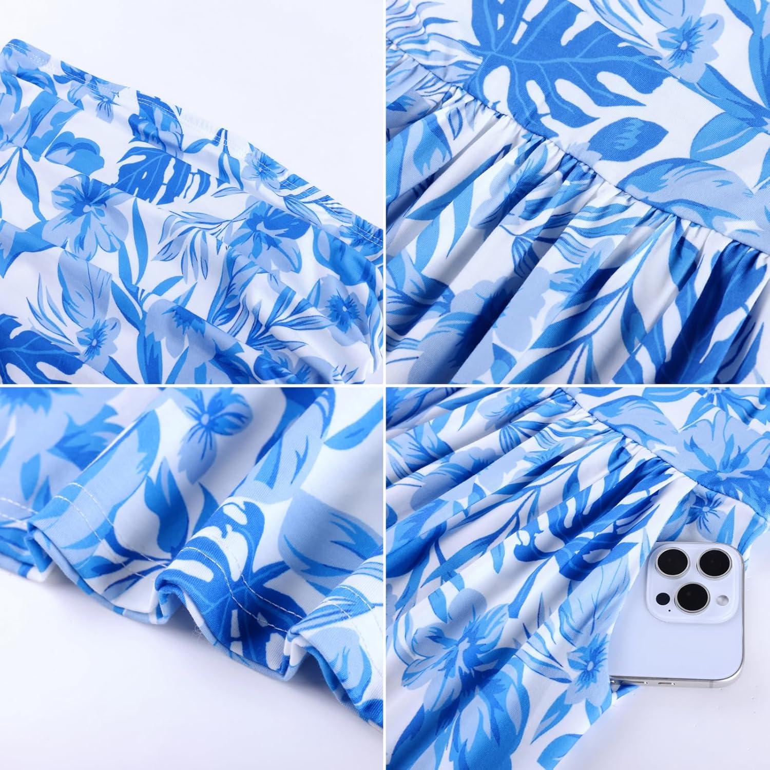imageGRACE KARIN Women Strapless Dress Casual Loose Ruched Long Maxi Dress with PocketsFlowe White Blue R