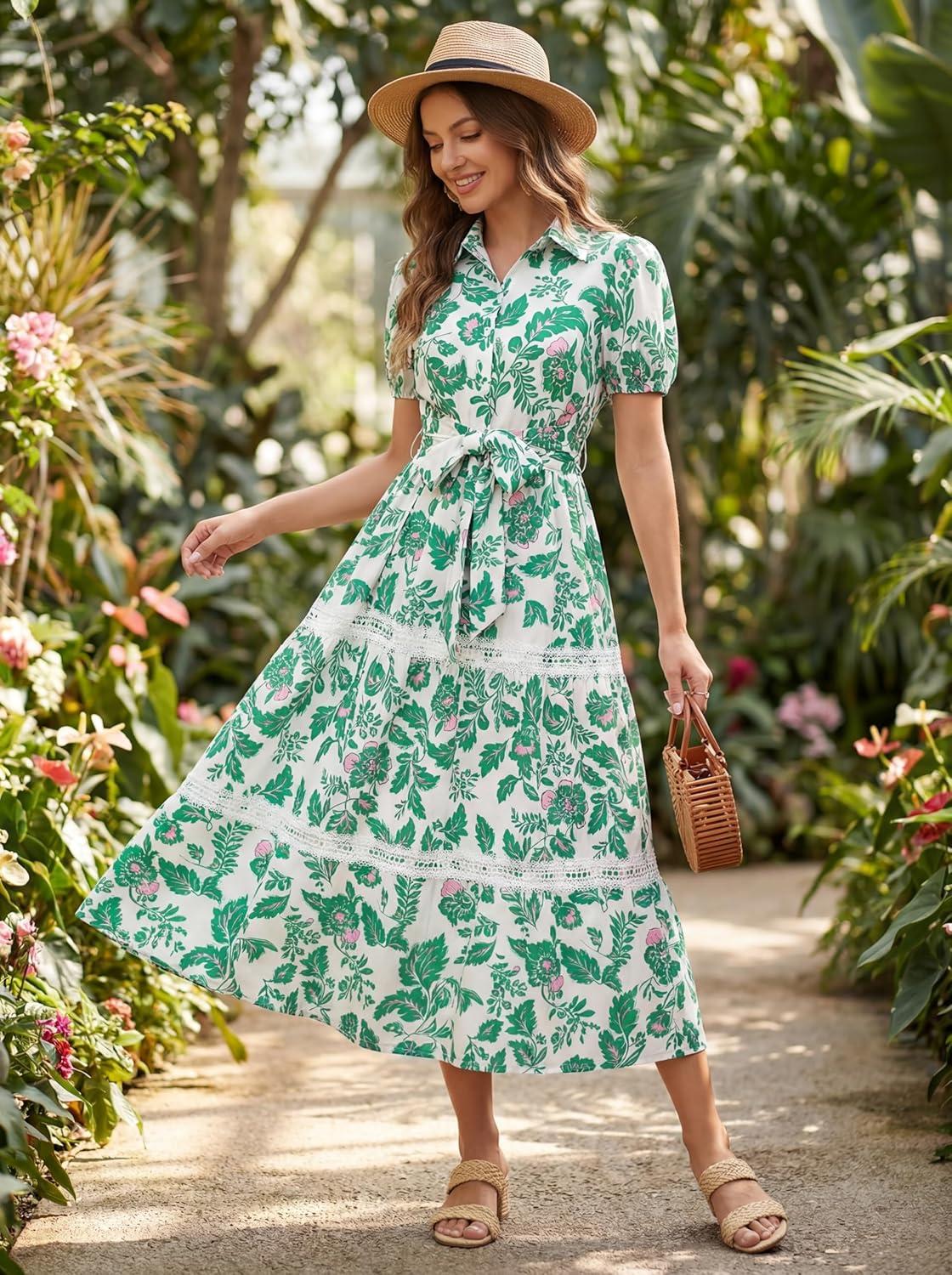 imageGRACE KARIN Womens 2026 Summer Floral Flowy Dresses Boho Tie Belt Short Puff Sleeve A Line Maxi Shirt Dress with PocketGreen Floral