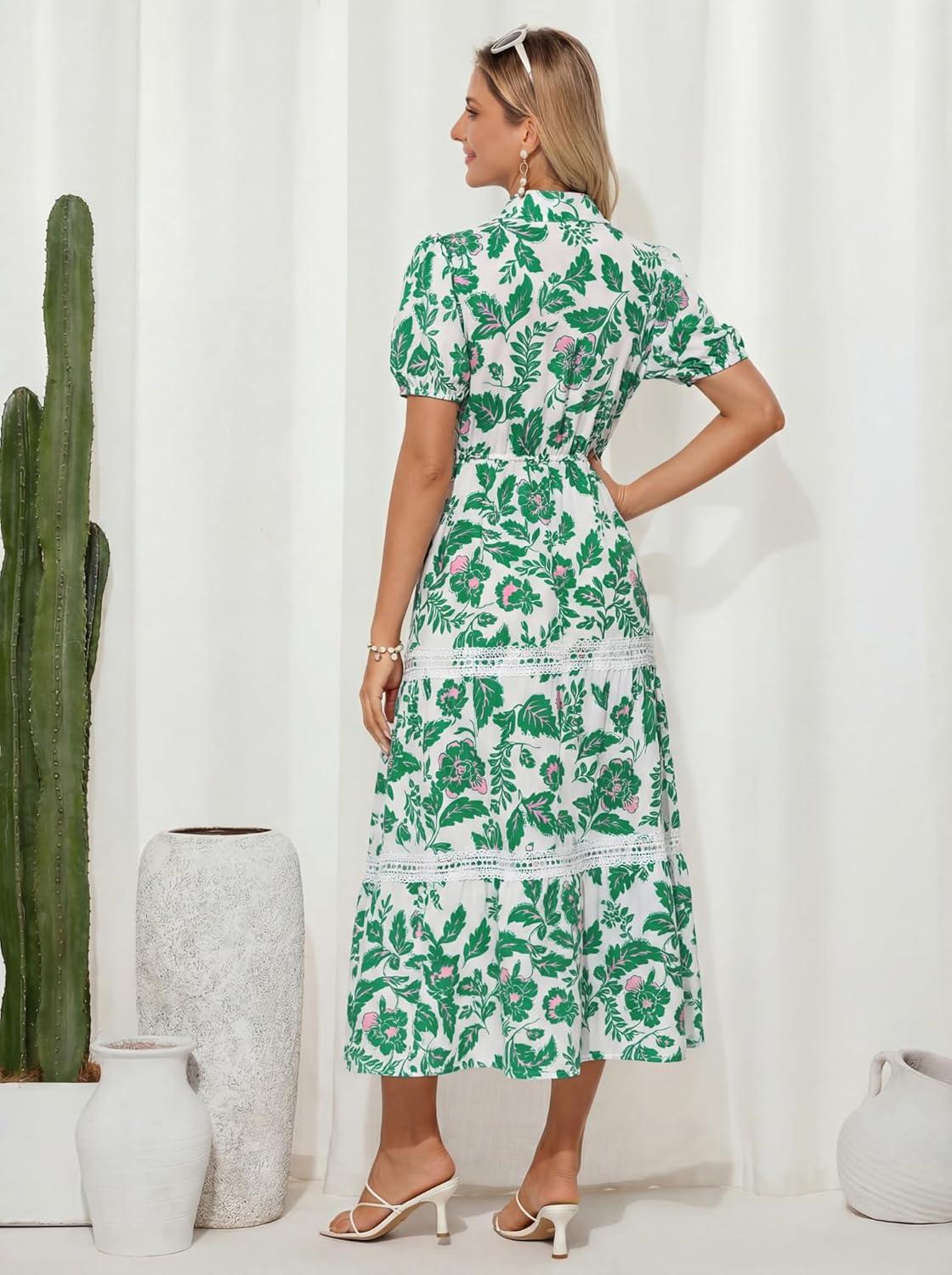 imageGRACE KARIN Womens 2026 Summer Floral Flowy Dresses Boho Tie Belt Short Puff Sleeve A Line Maxi Shirt Dress with PocketGreen Floral