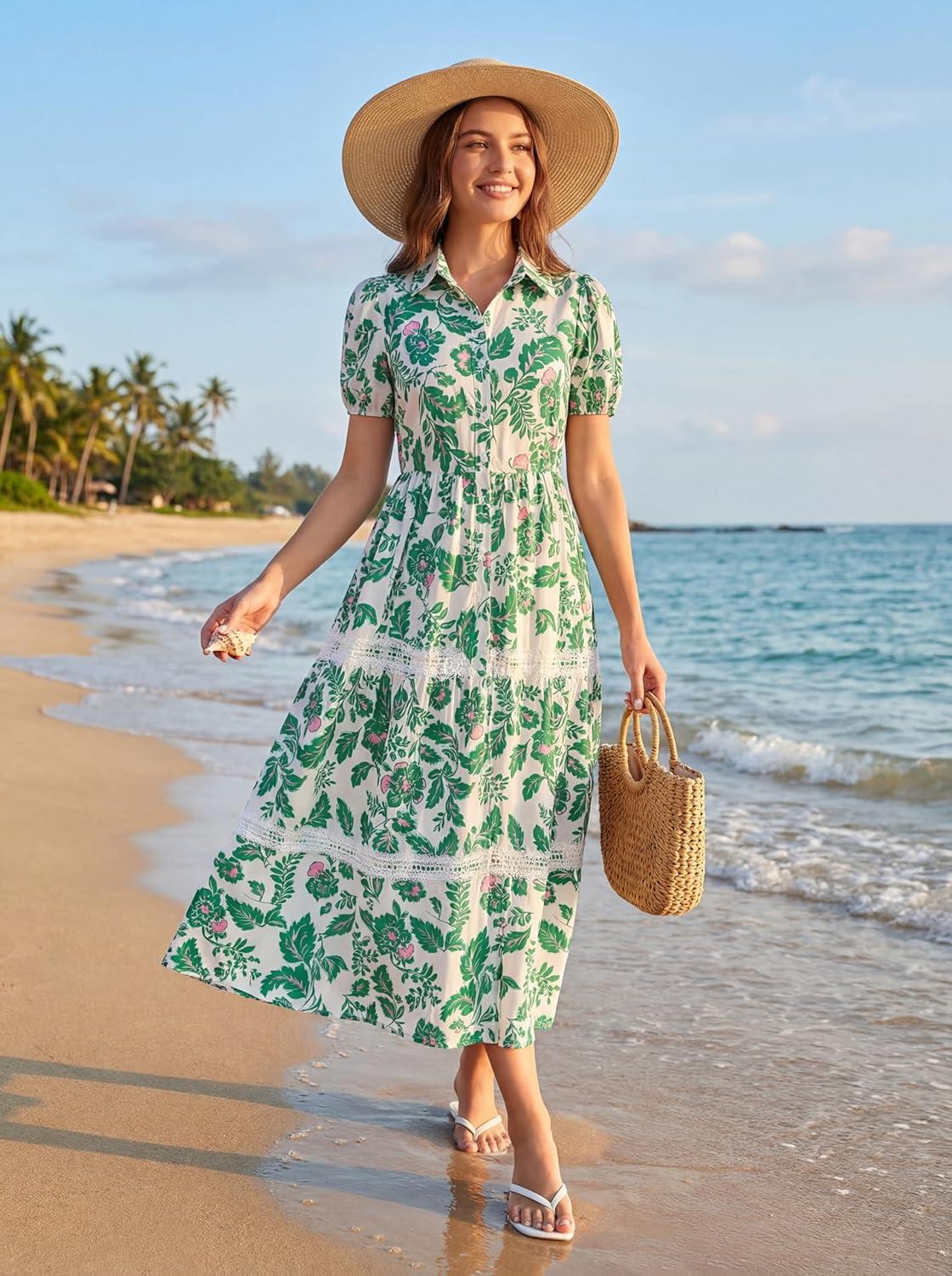 imageGRACE KARIN Womens 2026 Summer Floral Flowy Dresses Boho Tie Belt Short Puff Sleeve A Line Maxi Shirt Dress with PocketGreen Floral