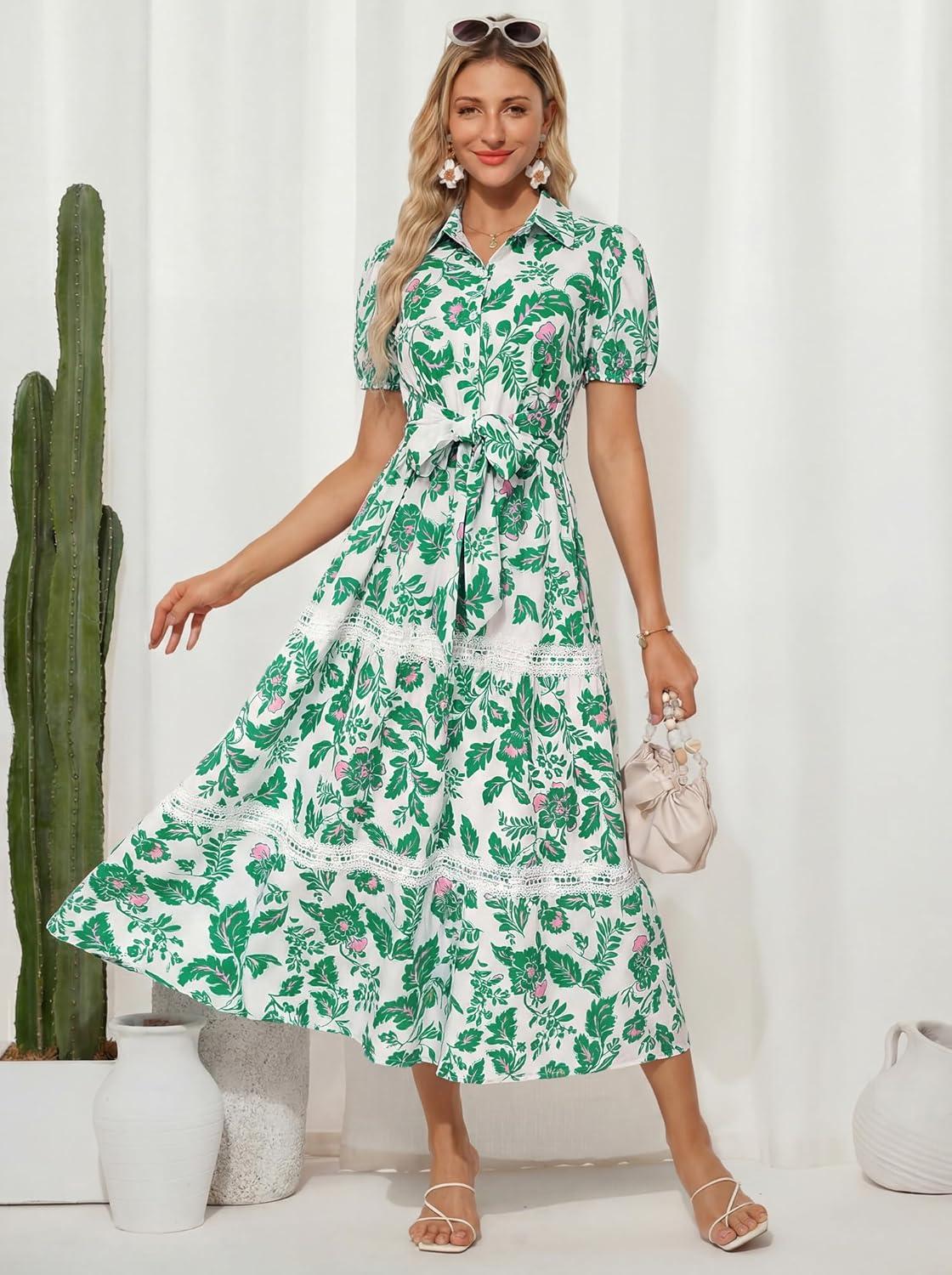 imageGRACE KARIN Womens 2026 Summer Floral Flowy Dresses Boho Tie Belt Short Puff Sleeve A Line Maxi Shirt Dress with PocketGreen Floral