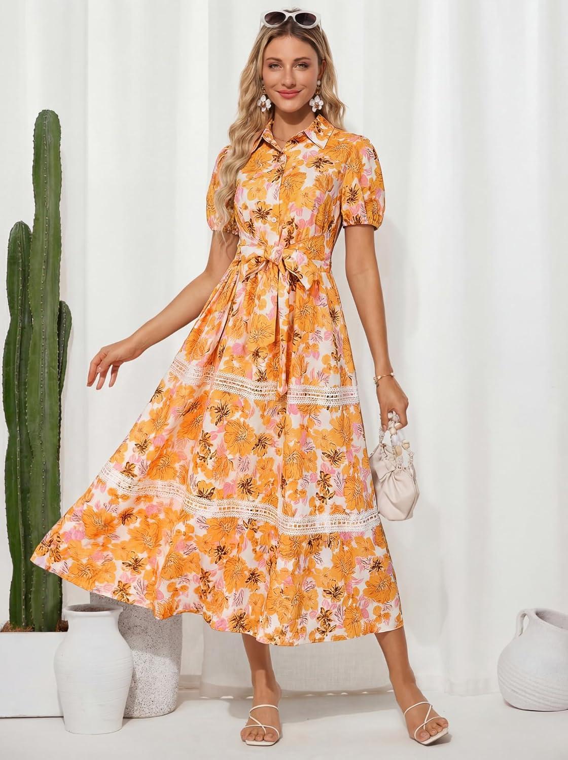 imageGRACE KARIN Womens 2026 Summer Floral Flowy Dresses Boho Tie Belt Short Puff Sleeve A Line Maxi Shirt Dress with PocketOrange