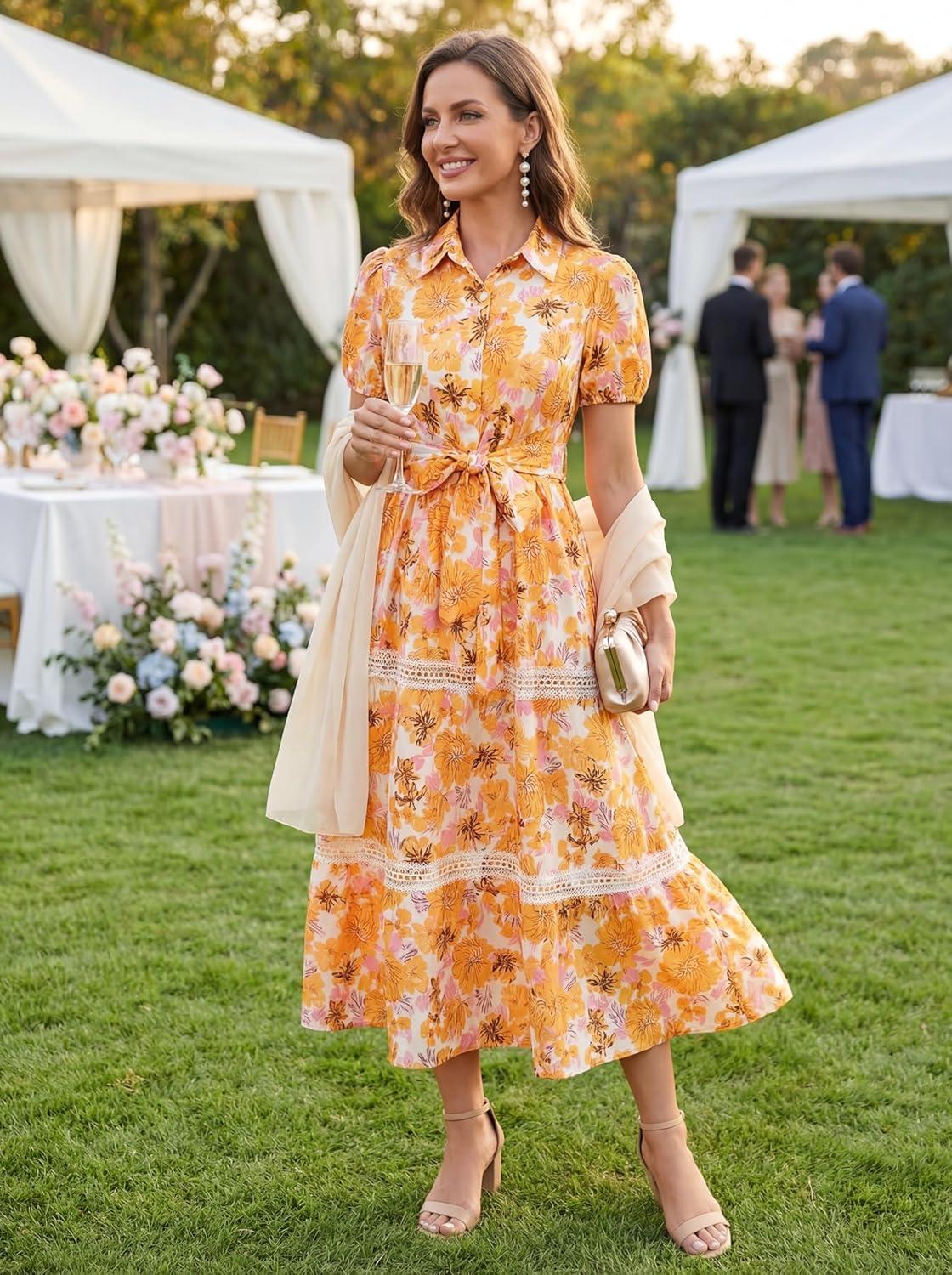 imageGRACE KARIN Womens 2026 Summer Floral Flowy Dresses Boho Tie Belt Short Puff Sleeve A Line Maxi Shirt Dress with PocketOrange