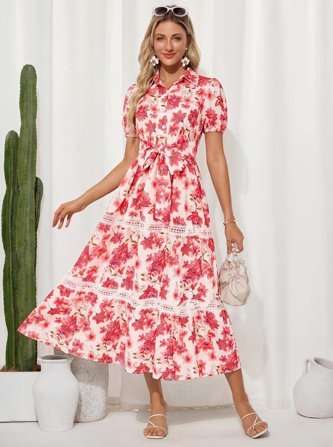 imageGRACE KARIN Womens 2026 Summer Floral Flowy Dresses Boho Tie Belt Short Puff Sleeve A Line Maxi Shirt Dress with PocketRed Floral
