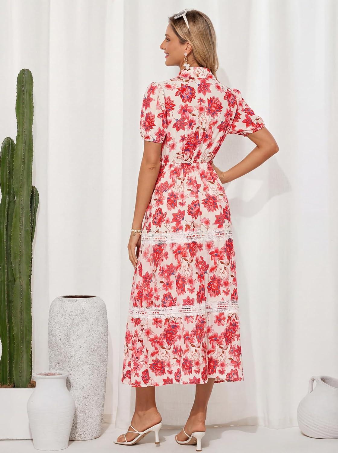 imageGRACE KARIN Womens 2026 Summer Floral Flowy Dresses Boho Tie Belt Short Puff Sleeve A Line Maxi Shirt Dress with PocketRed Floral