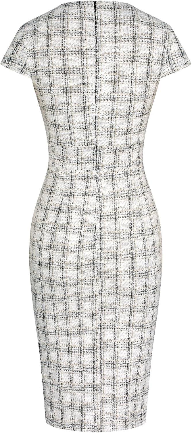 imageGRACE KARIN Womens Gorgeous Pencil Dress Cap Sleeve Tweed Pencil Dress for WorkBlack White Plaid