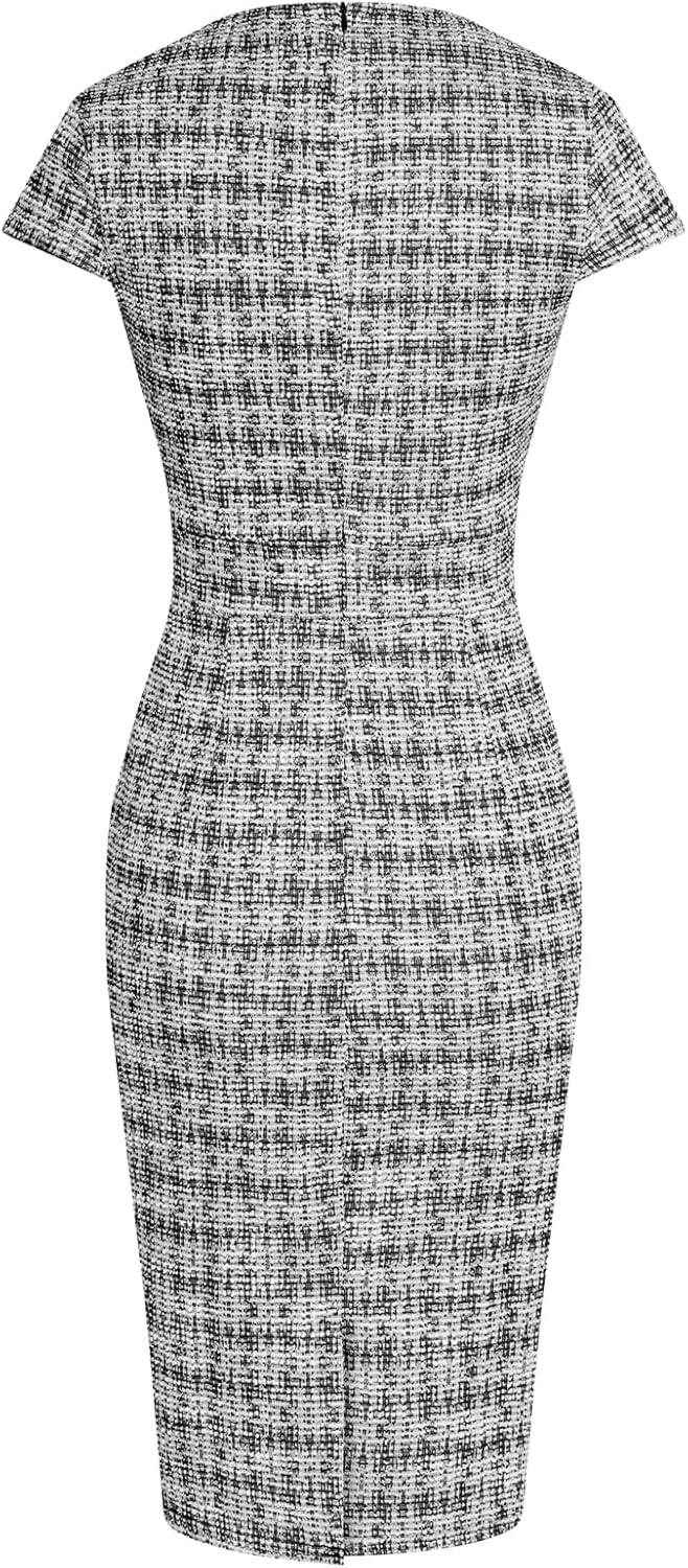 imageGRACE KARIN Womens Gorgeous Pencil Dress Cap Sleeve Tweed Pencil Dress for WorkBlackplaid