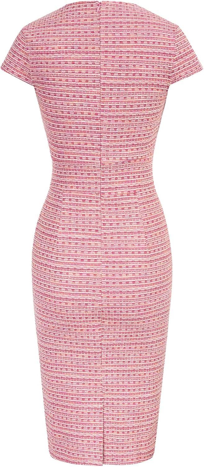 imageGRACE KARIN Womens Gorgeous Pencil Dress Cap Sleeve Tweed Pencil Dress for WorkPink Plaid