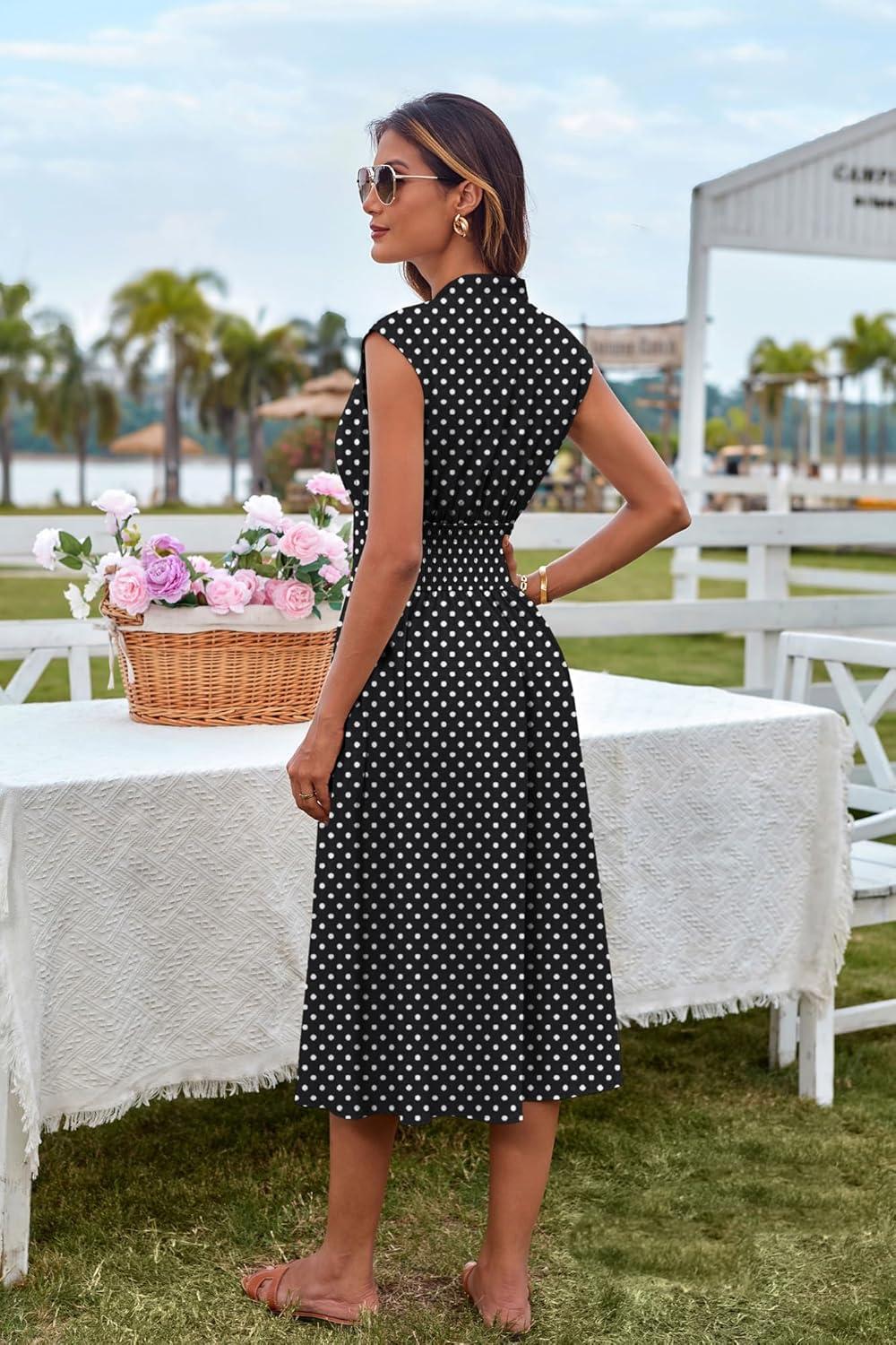 imageGRACE KARIN Womens Summer Casual Dress Business Office Work Dresses Cap Sleeve Zipper Front Flowy Midi Dress with PocketsBlack Polka Dot