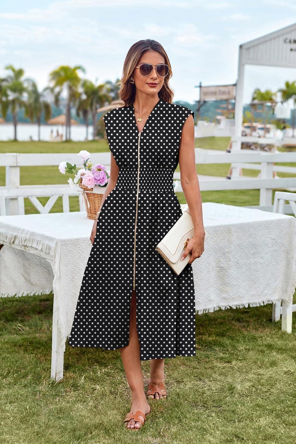 imageGRACE KARIN Womens Summer Casual Dress Business Office Work Dresses Cap Sleeve Zipper Front Flowy Midi Dress with PocketsBlack Polka Dot