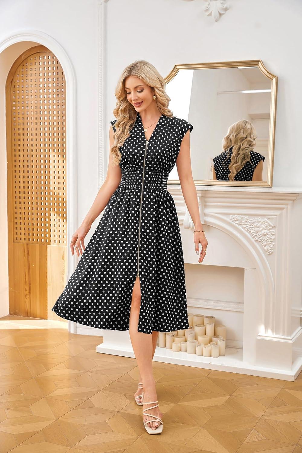imageGRACE KARIN Womens Summer Casual Dress Business Office Work Dresses Cap Sleeve Zipper Front Flowy Midi Dress with PocketsBlack Polka Dot