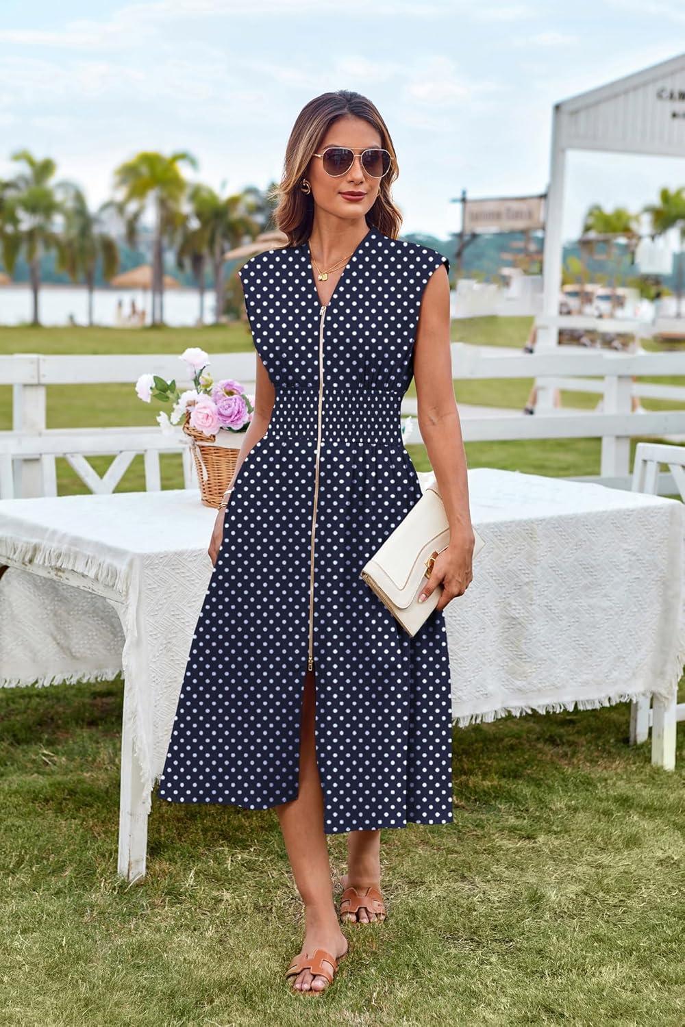 imageGRACE KARIN Womens Summer Casual Dress Business Office Work Dresses Cap Sleeve Zipper Front Flowy Midi Dress with PocketsNavy Polka Dot