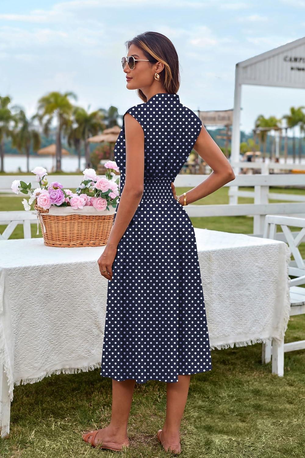 imageGRACE KARIN Womens Summer Casual Dress Business Office Work Dresses Cap Sleeve Zipper Front Flowy Midi Dress with PocketsNavy Polka Dot