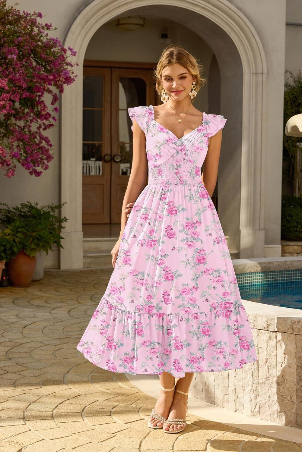 imageGRACE KARIN Womens Summer Floral Maxi Dress 2026 Ruffle Sleeve Smocked Sundress Flowy Wedding Guest Long Dresses with PocketLight Pink