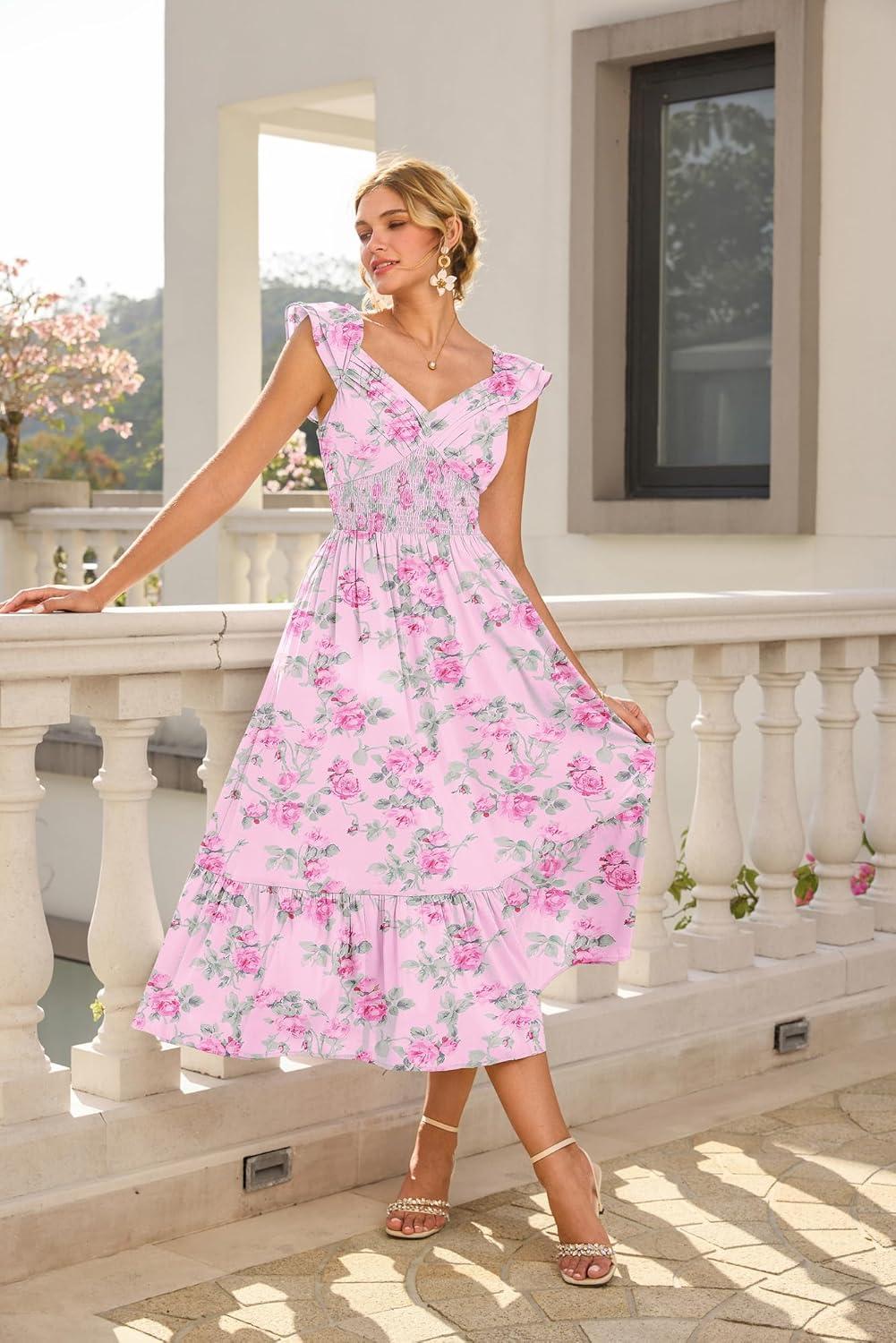 imageGRACE KARIN Womens Summer Floral Maxi Dress 2026 Ruffle Sleeve Smocked Sundress Flowy Wedding Guest Long Dresses with PocketLight Pink