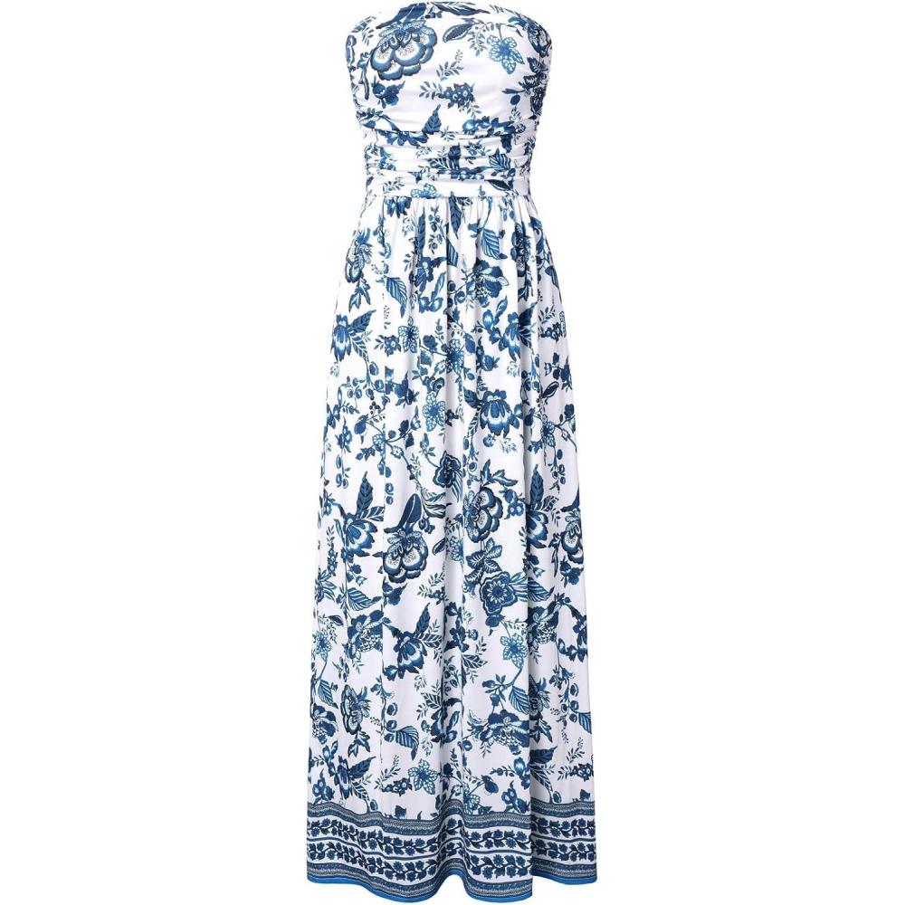 imageGRACE KARIN Women Strapless Dress Casual Loose Ruched Long Maxi Dress with PocketsBlue Flower