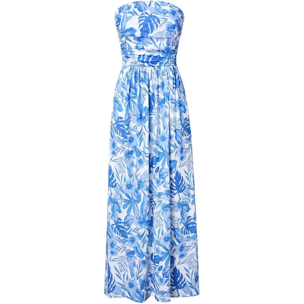 imageGRACE KARIN Women Strapless Dress Casual Loose Ruched Long Maxi Dress with PocketsFlowe White Blue R