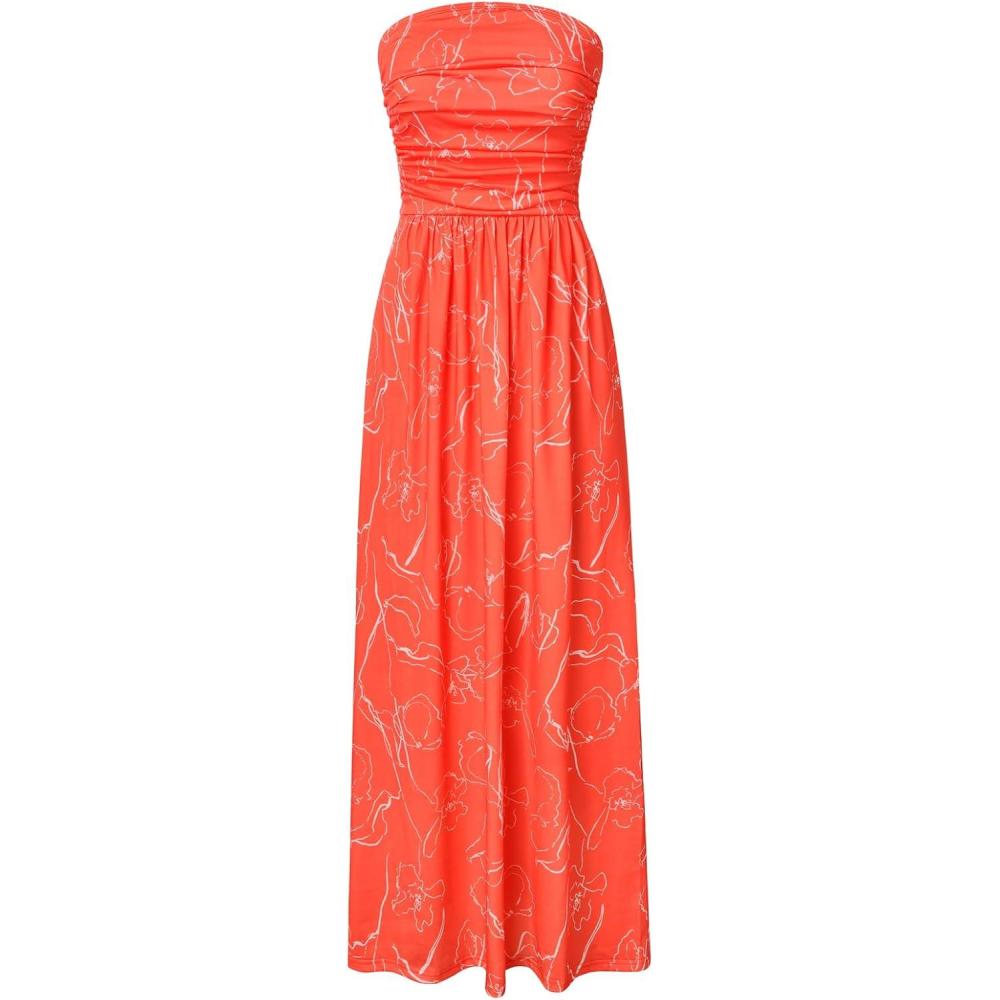 imageGRACE KARIN Women Strapless Dress Casual Loose Ruched Long Maxi Dress with PocketsOrange White