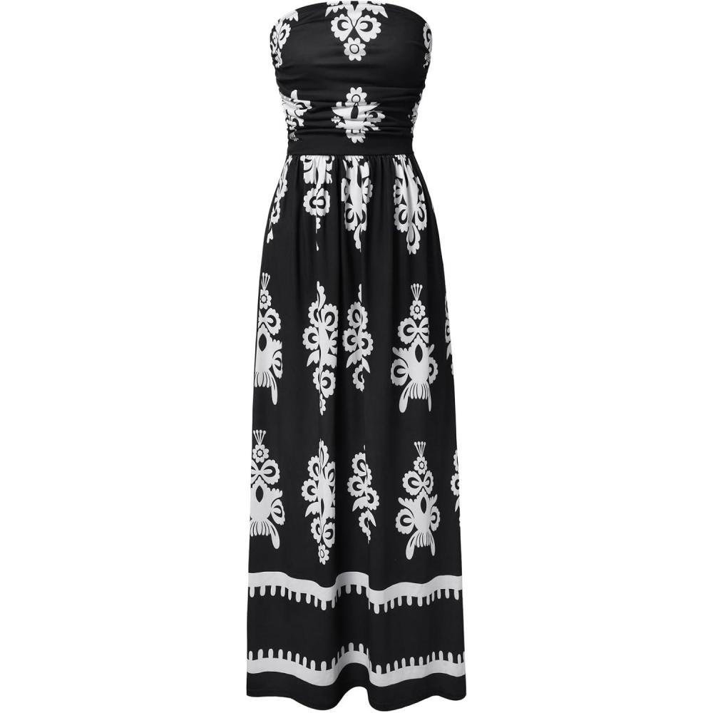 imageGRACE KARIN Women Strapless Dress Casual Loose Ruched Long Maxi Dress with PocketsPrinting Floral