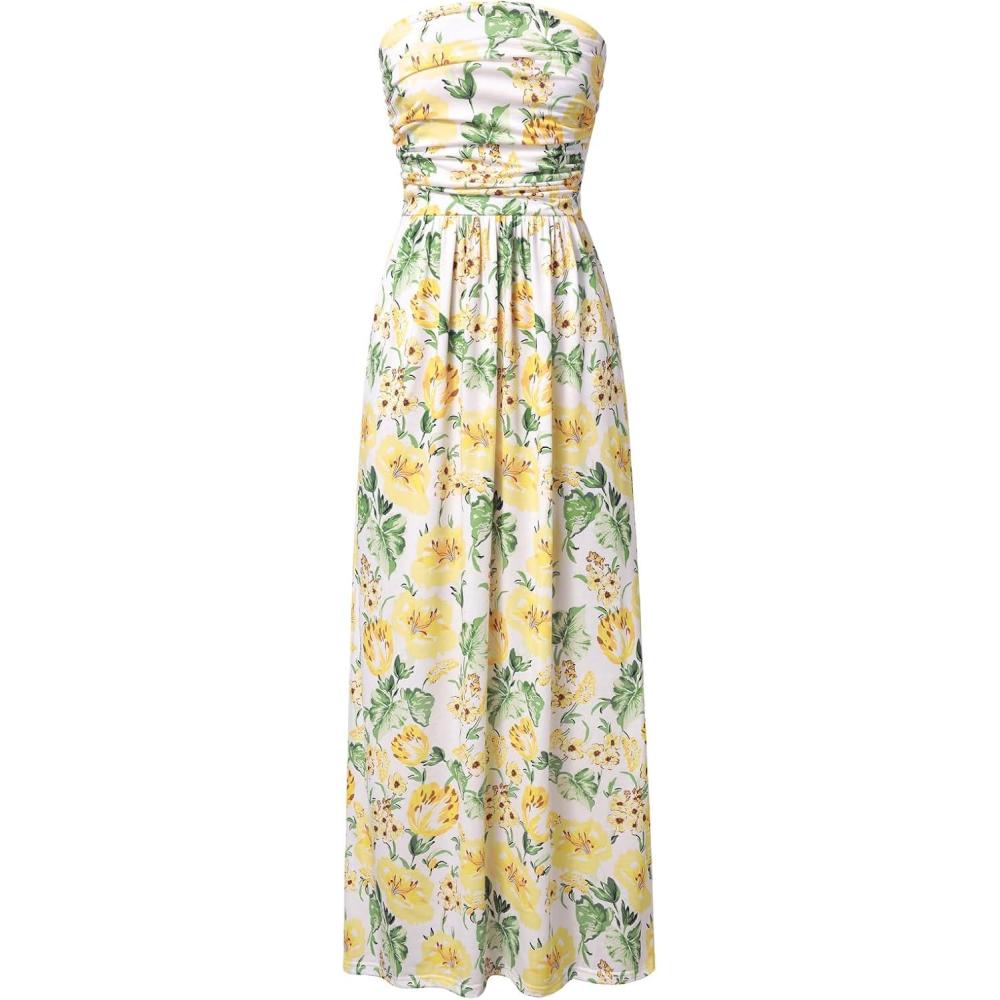 imageGRACE KARIN Women Strapless Dress Casual Loose Ruched Long Maxi Dress with PocketsWhite Green Leaves