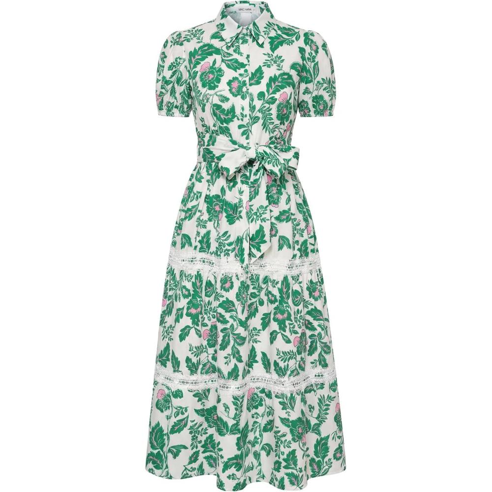 imageGRACE KARIN Womens 2026 Summer Floral Flowy Dresses Boho Tie Belt Short Puff Sleeve A Line Maxi Shirt Dress with PocketGreen Floral