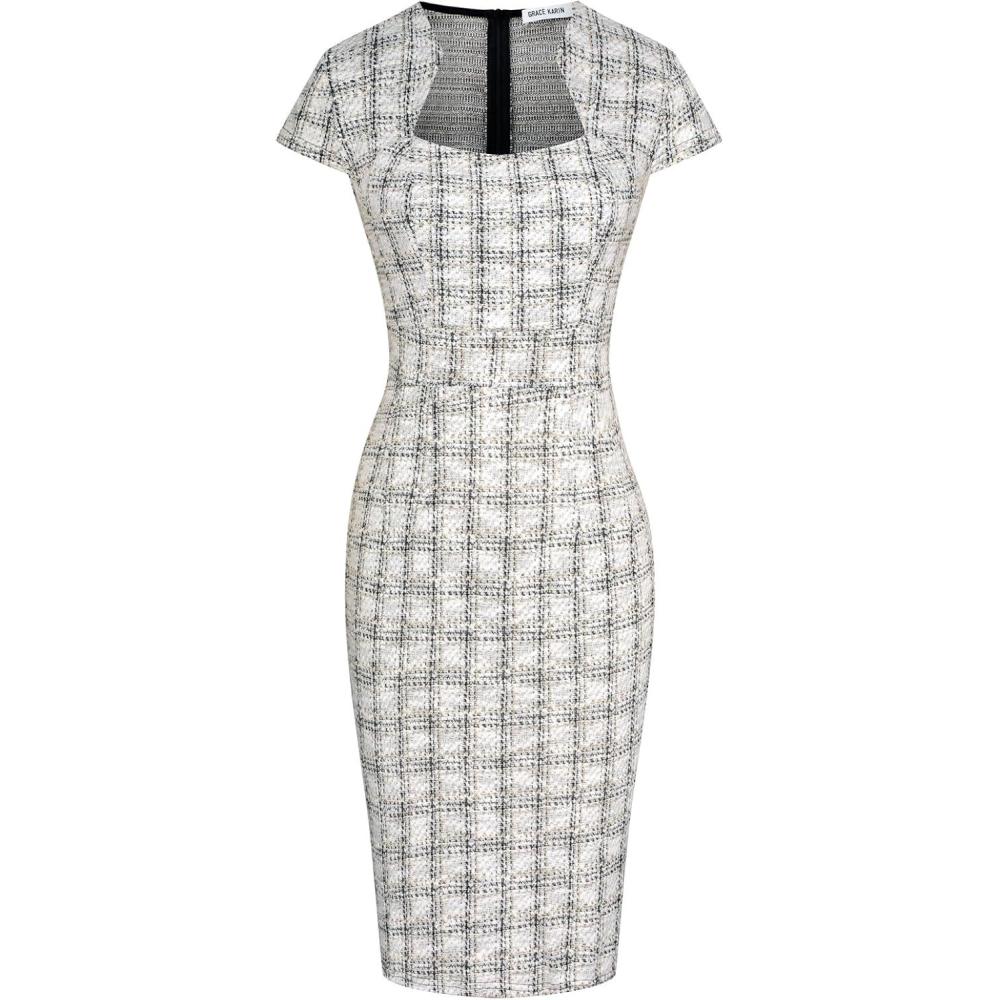 imageGRACE KARIN Womens Gorgeous Pencil Dress Cap Sleeve Tweed Pencil Dress for WorkBlack White Plaid