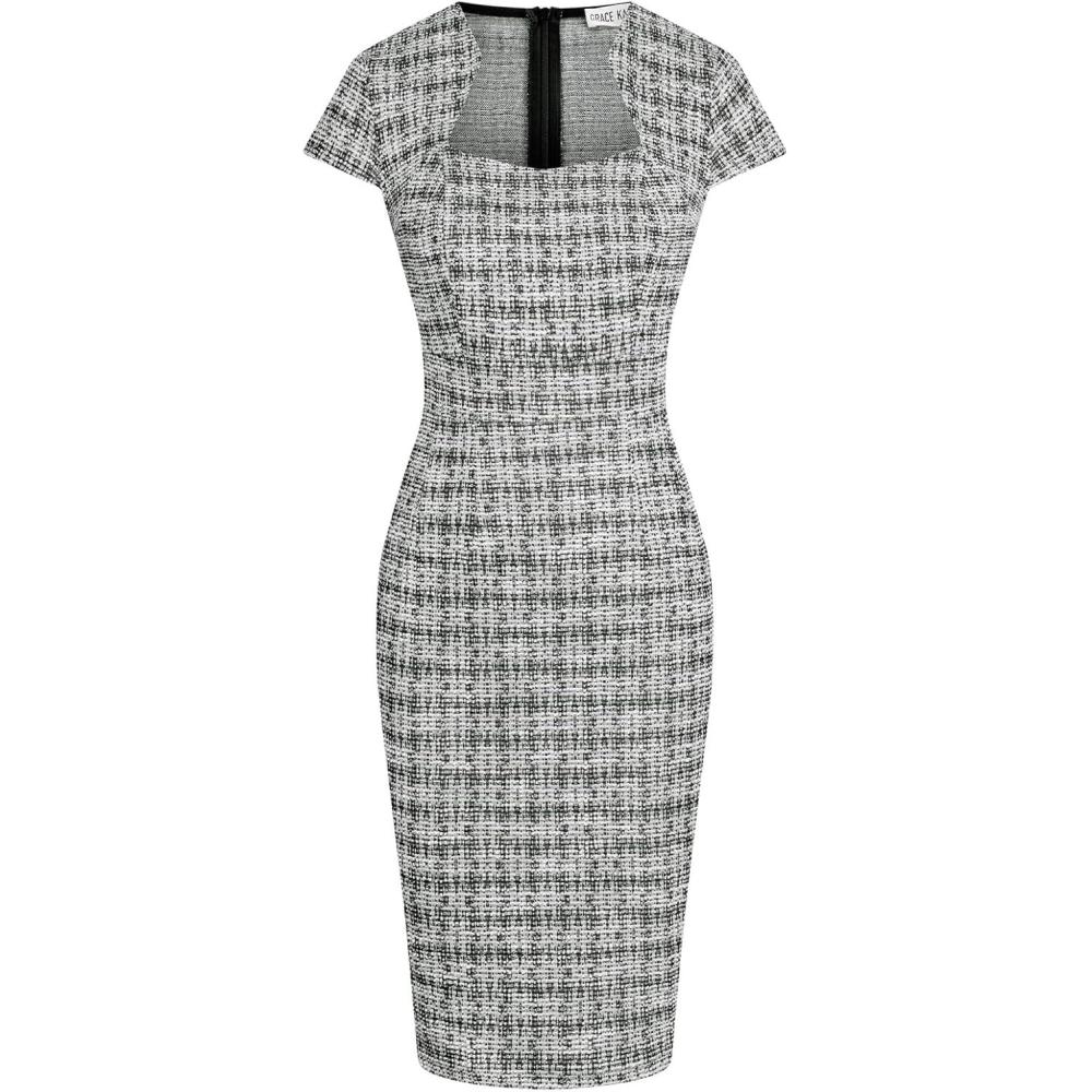 imageGRACE KARIN Womens Gorgeous Pencil Dress Cap Sleeve Tweed Pencil Dress for WorkBlackplaid
