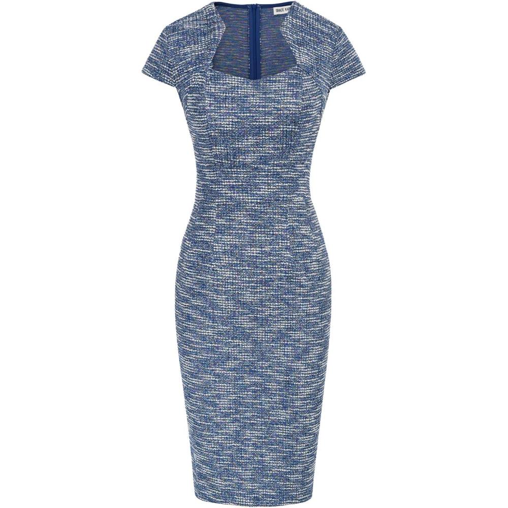 imageGRACE KARIN Womens Gorgeous Pencil Dress Cap Sleeve Tweed Pencil Dress for WorkBlue Textured