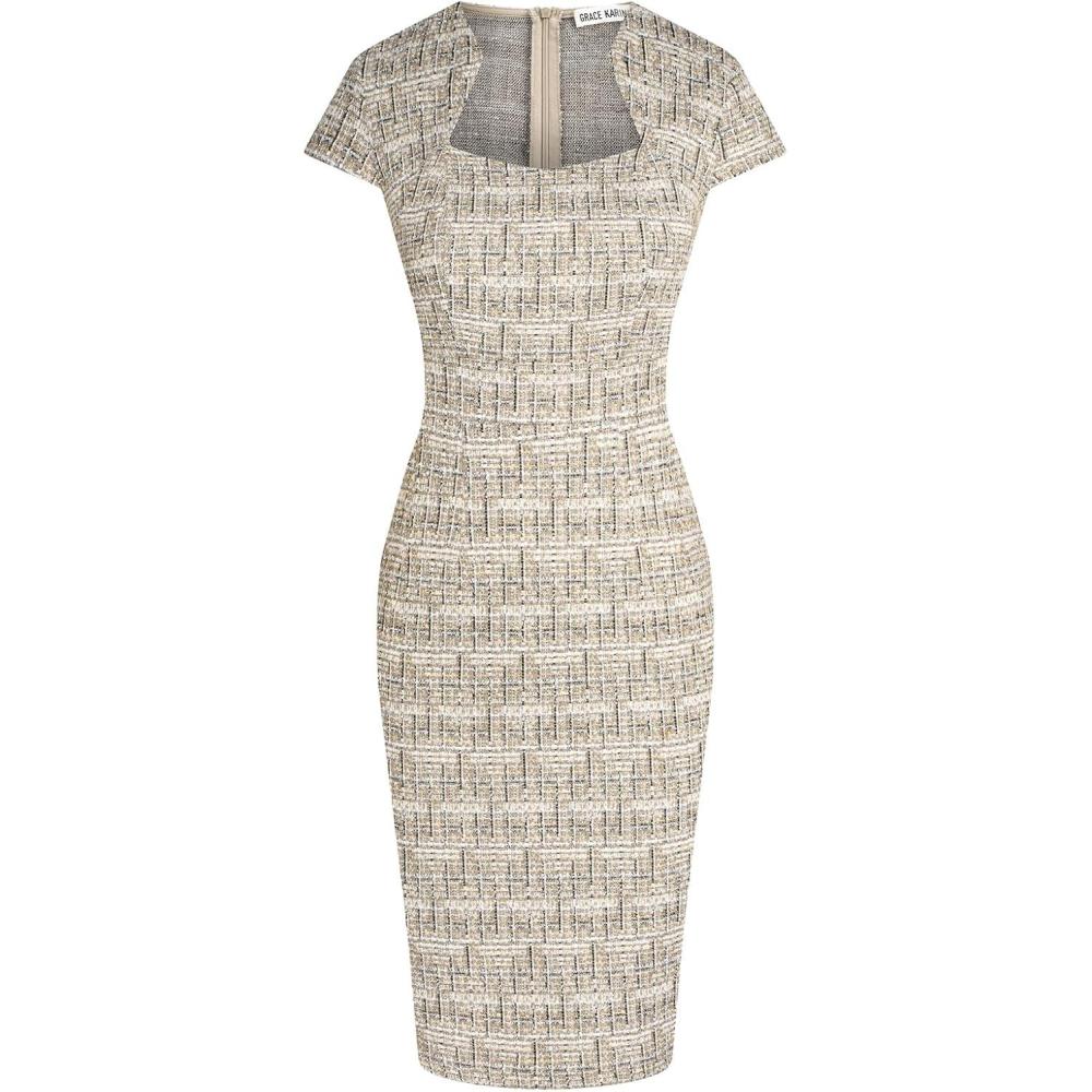 imageGRACE KARIN Womens Gorgeous Pencil Dress Cap Sleeve Tweed Pencil Dress for WorkBrownplaid