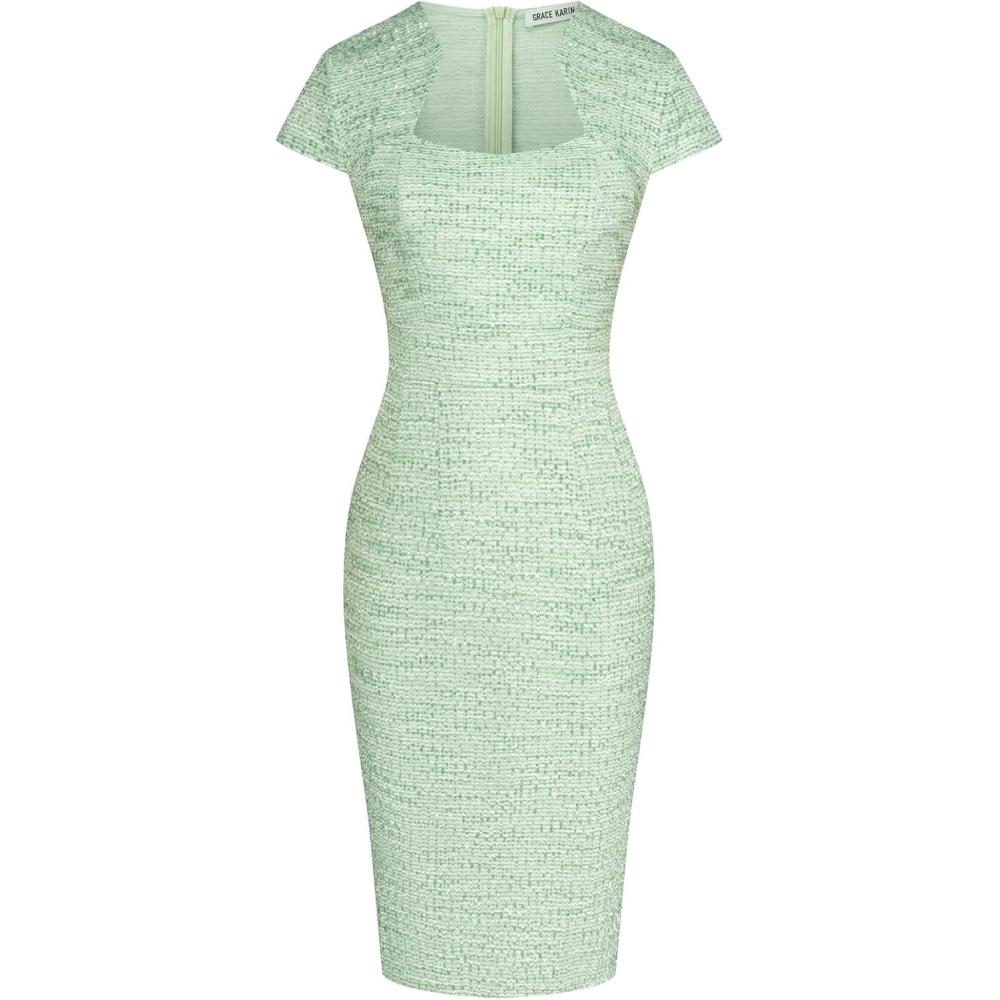 imageGRACE KARIN Womens Gorgeous Pencil Dress Cap Sleeve Tweed Pencil Dress for WorkGreen White