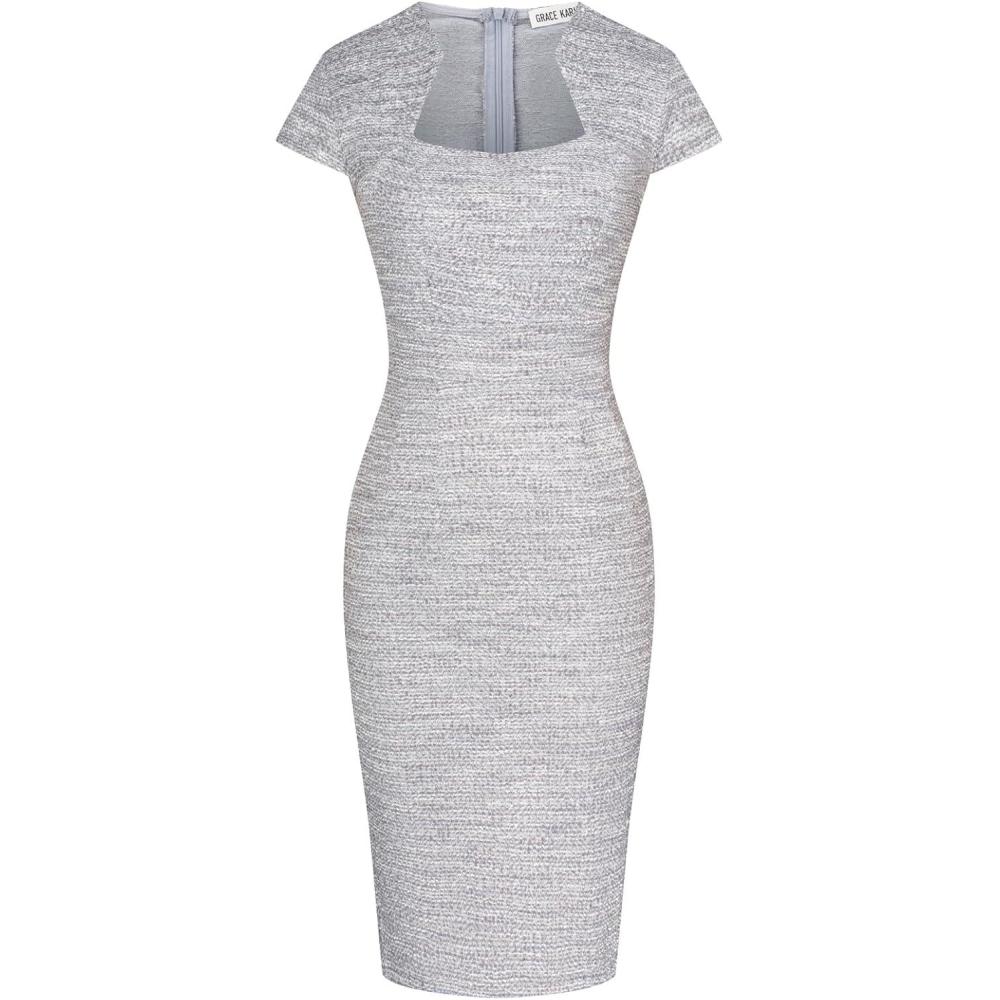 imageGRACE KARIN Womens Gorgeous Pencil Dress Cap Sleeve Tweed Pencil Dress for WorkGrey
