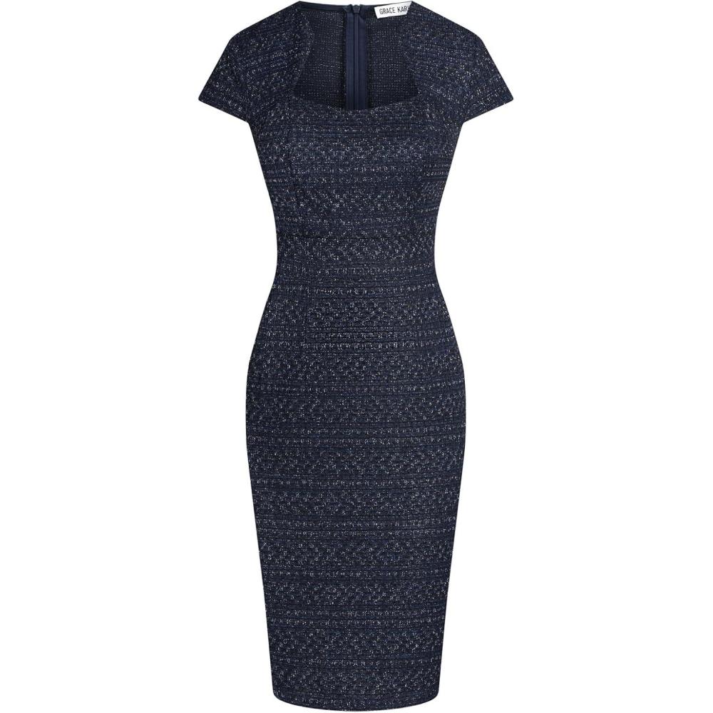 imageGRACE KARIN Womens Gorgeous Pencil Dress Cap Sleeve Tweed Pencil Dress for WorkNavy