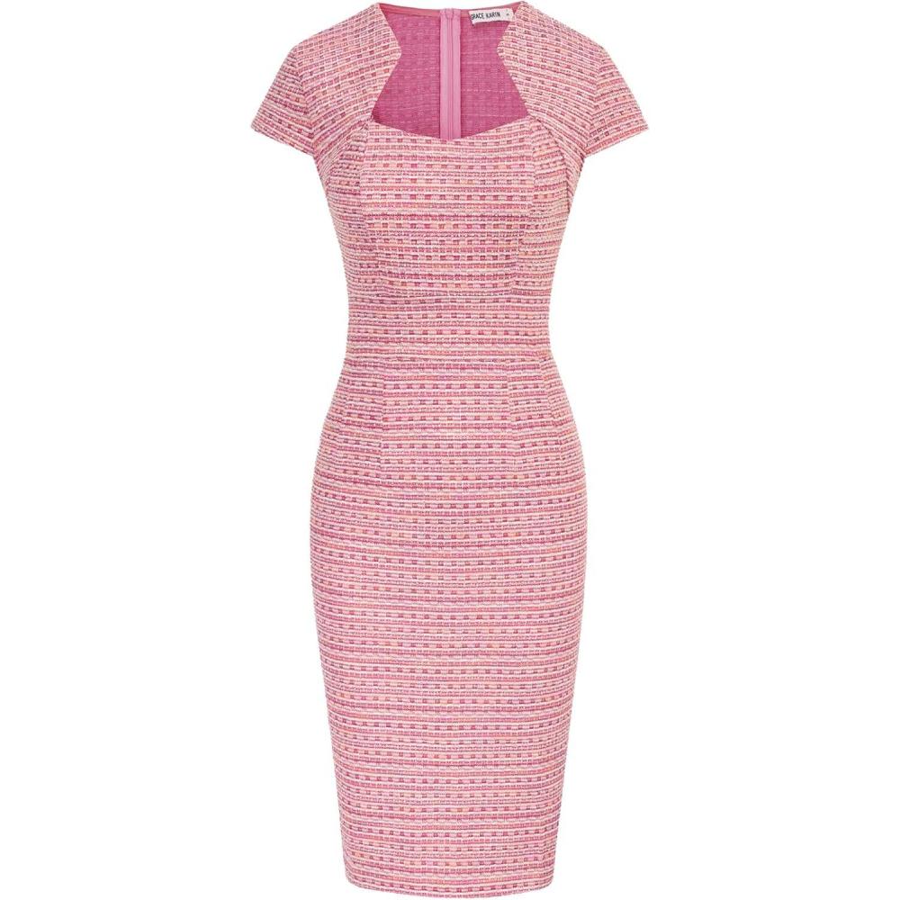 imageGRACE KARIN Womens Gorgeous Pencil Dress Cap Sleeve Tweed Pencil Dress for WorkPink Plaid