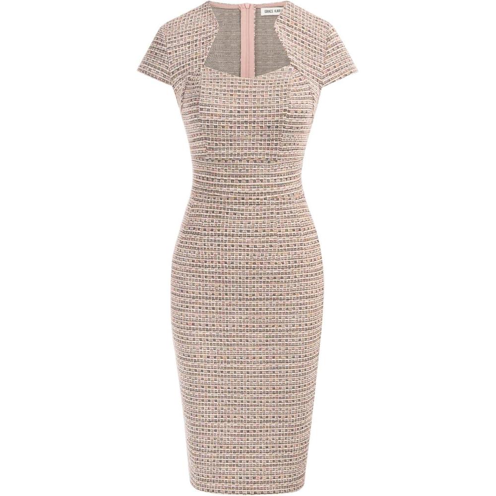 imageGRACE KARIN Womens Gorgeous Pencil Dress Cap Sleeve Tweed Pencil Dress for WorkPink Tweed
