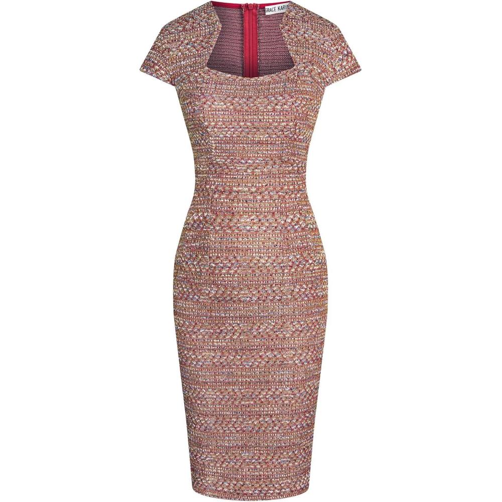 imageGRACE KARIN Womens Gorgeous Pencil Dress Cap Sleeve Tweed Pencil Dress for WorkRed