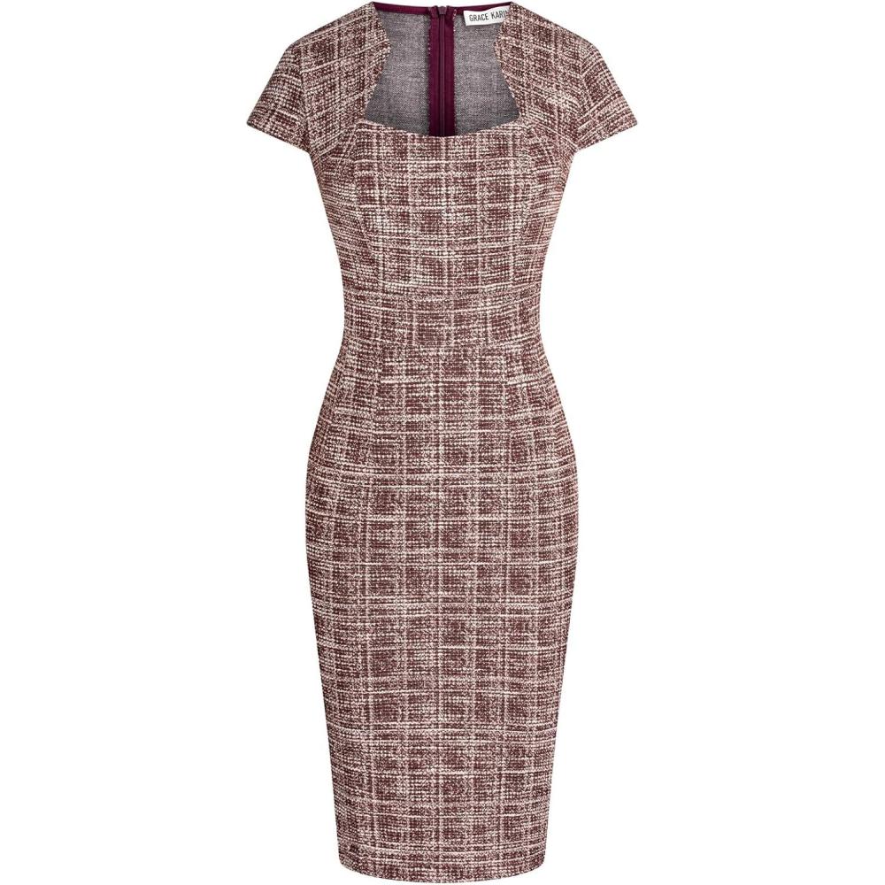 imageGRACE KARIN Womens Gorgeous Pencil Dress Cap Sleeve Tweed Pencil Dress for WorkRedplaid