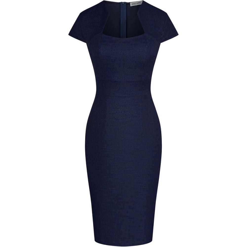 imageGRACE KARIN Womens Gorgeous Pencil Dress Cap Sleeve Tweed Pencil Dress for WorkRoyal Blue