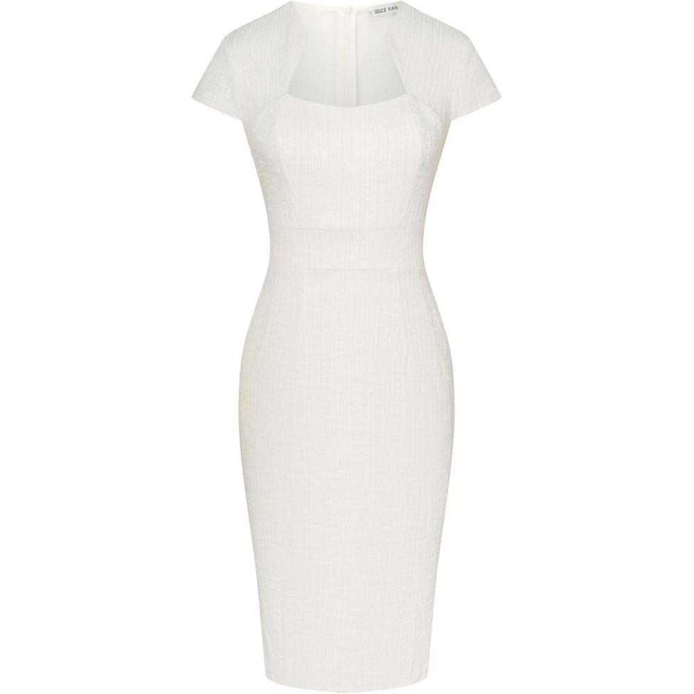 imageGRACE KARIN Womens Gorgeous Pencil Dress Cap Sleeve Tweed Pencil Dress for WorkWhite Golden