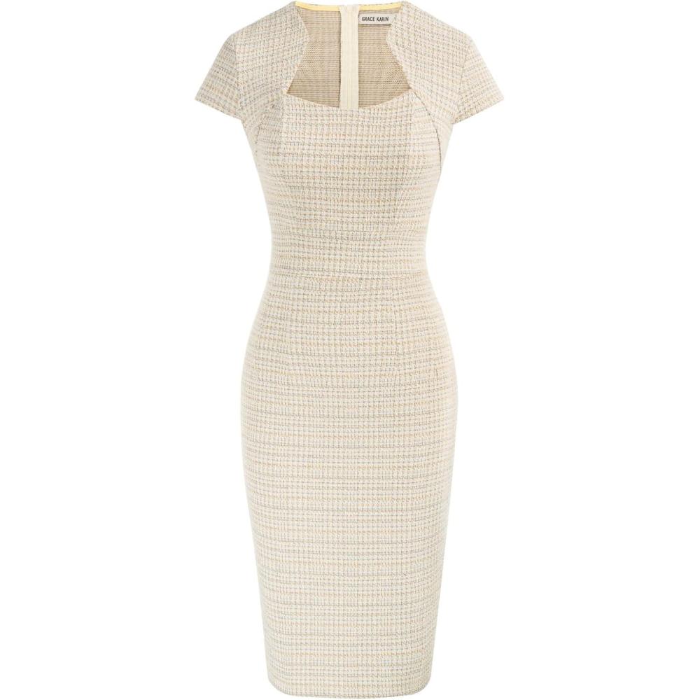 imageGRACE KARIN Womens Gorgeous Pencil Dress Cap Sleeve Tweed Pencil Dress for WorkYellow Tweed