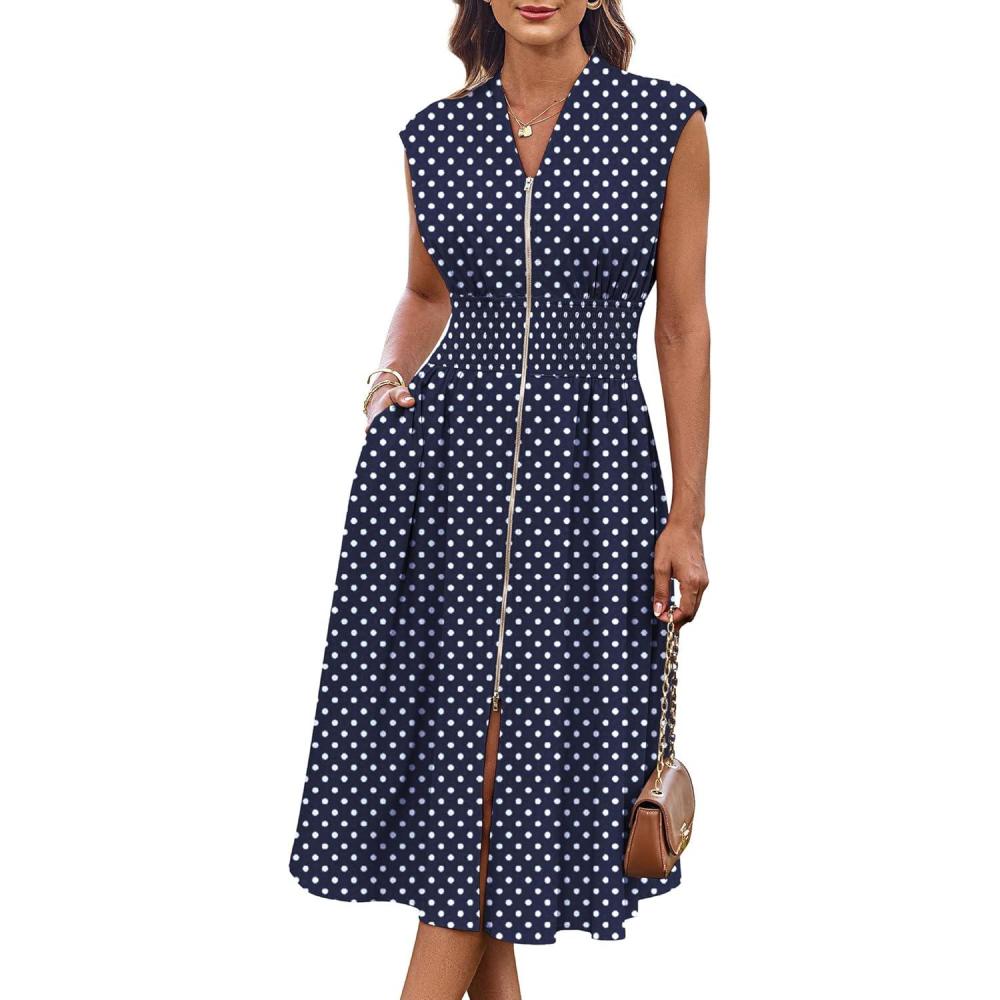 imageGRACE KARIN Womens Summer Casual Dress Business Office Work Dresses Cap Sleeve Zipper Front Flowy Midi Dress with PocketsNavy Polka Dot