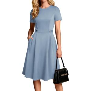 GRACE KARIN Church Dresses for Women 2026 Short Sleeve A Line Work Dresses Fit and Flare Dress with Pockets(Light Blue)