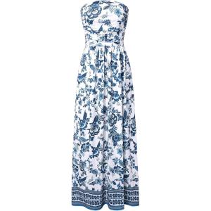GRACE KARIN Women Strapless Dress Casual Loose Ruched Long Maxi Dress with Pockets(Blue Flower)