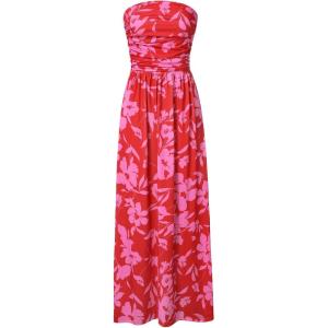 GRACE KARIN Women Strapless Dress Casual Loose Ruched Long Maxi Dress with Pockets(Rose Red)