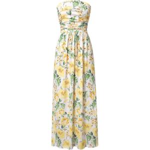 GRACE KARIN Women Strapless Dress Casual Loose Ruched Long Maxi Dress with Pockets(White Green Leaves)