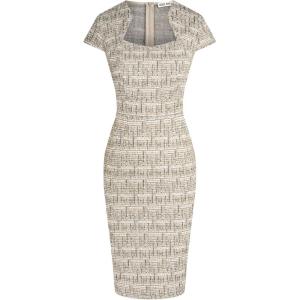 GRACE KARIN Women’s Gorgeous Pencil Dress Cap Sleeve Tweed Pencil Dress for Work(Brown(plaid))