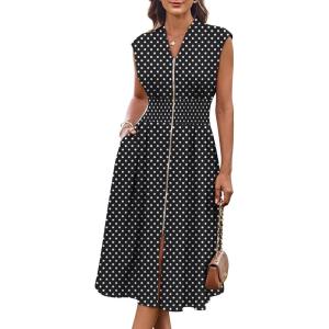 GRACE KARIN Womens Summer Casual Dress, Business Office Work Dresses, Cap Sleeve Zipper Front Flowy Midi Dress with Pockets(Black Polka Dot)